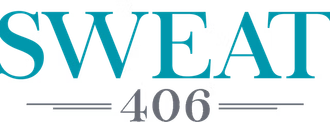 A turquoise logo reading "SWEAT" above the grey number "406," framed by decorative horizontal lines.