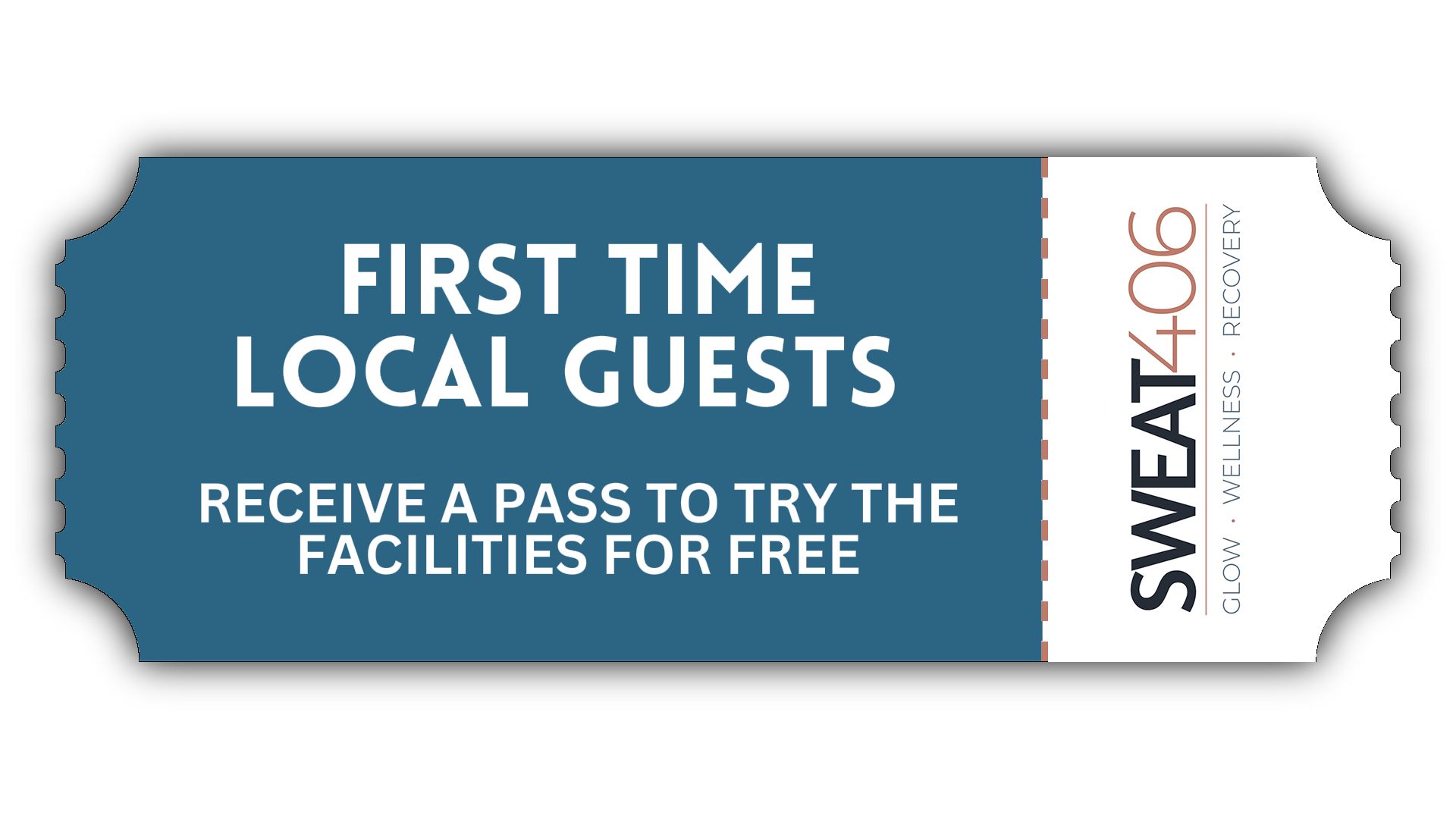 A teal ticket for SWEAT gym offering first-time local guests a free pass to try the facilities.