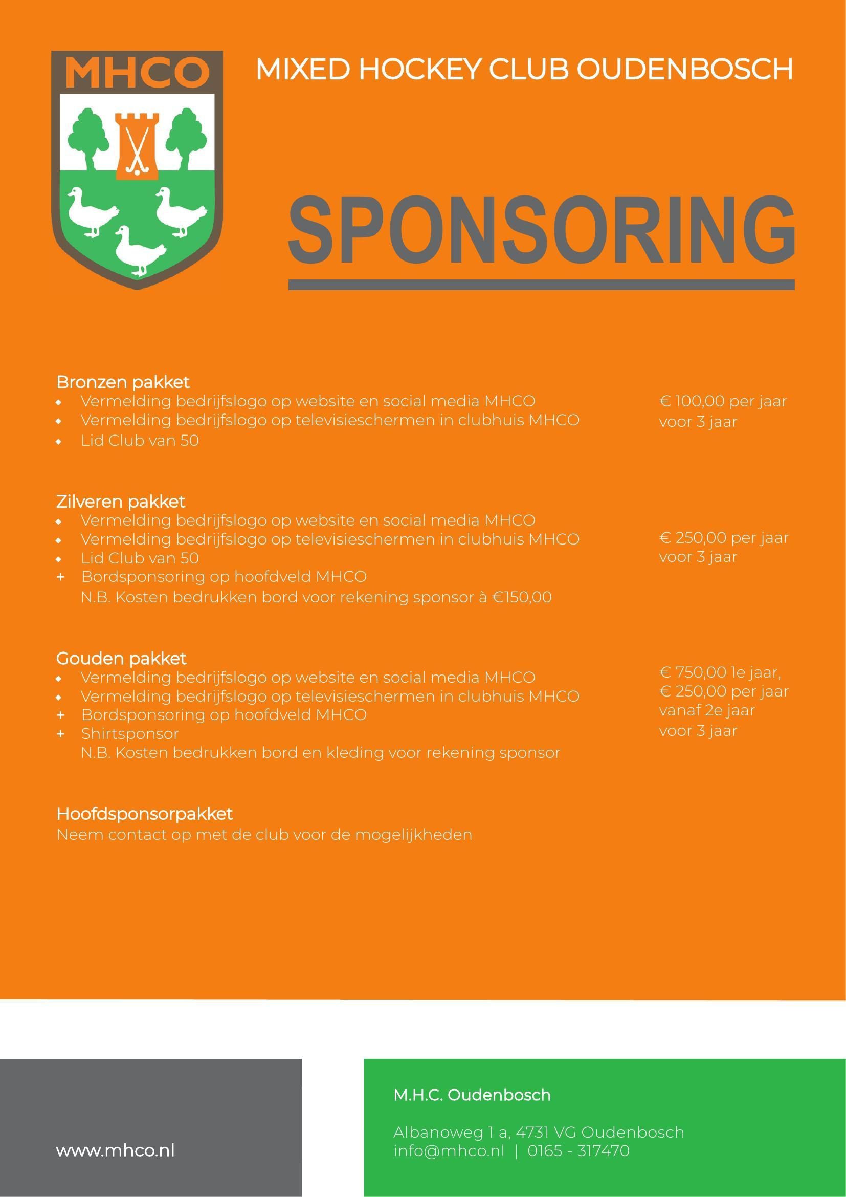 Overzicht sponsorpakketten MHCO: bronzen, zilveren, gouden en hoofdsponsor, met vermelding van de inhoud en kosten per pakket
