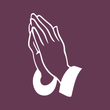 a white praying hands icon on a purple background