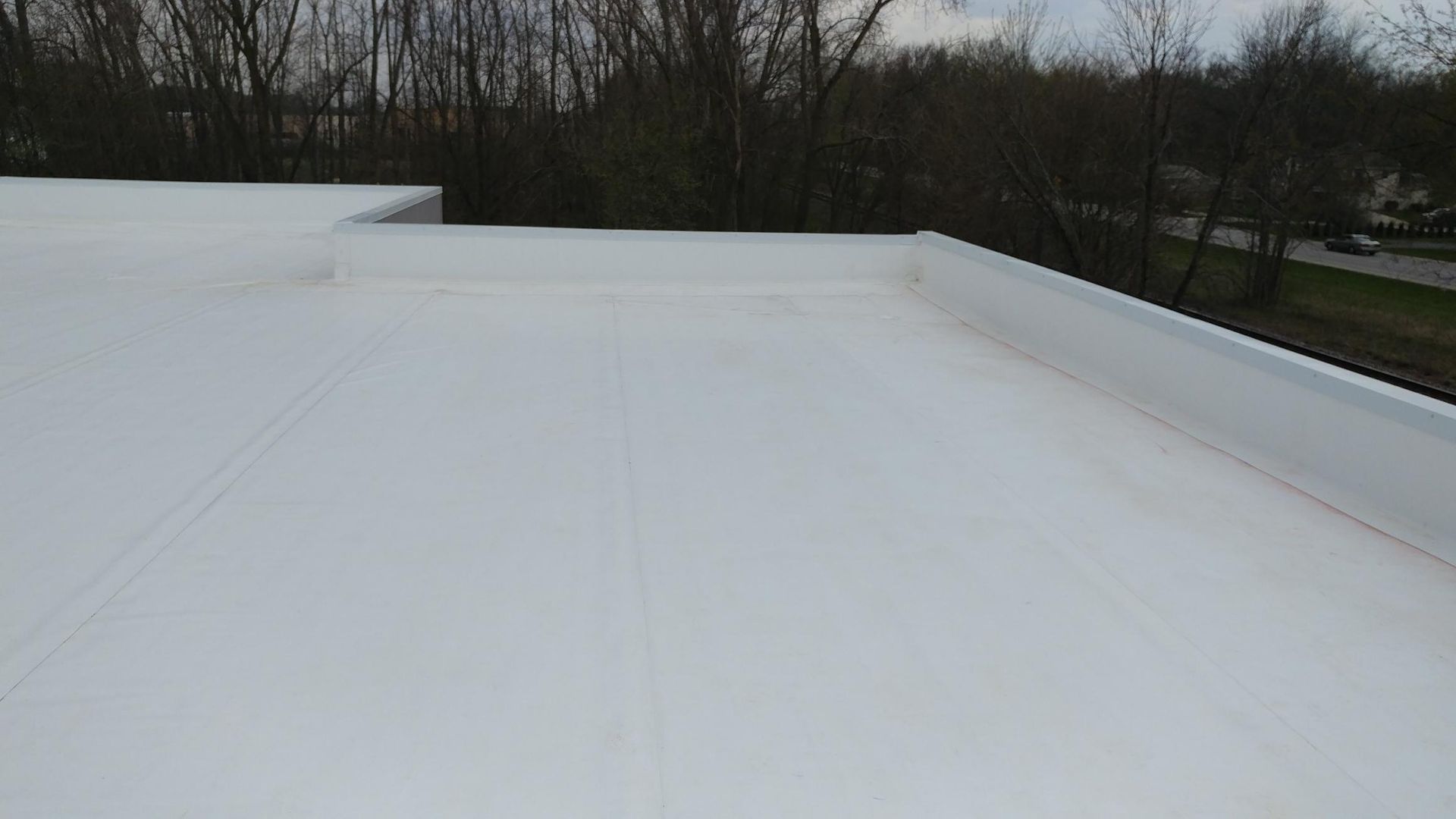 A close up of a white roof with trees in the background.
