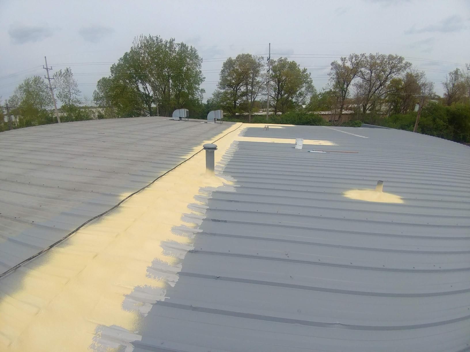 A roof with a few trees in the background