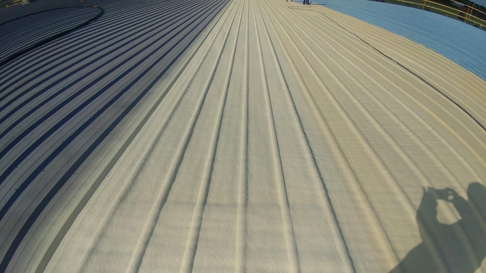 A person is taking a picture of the roof of a building.