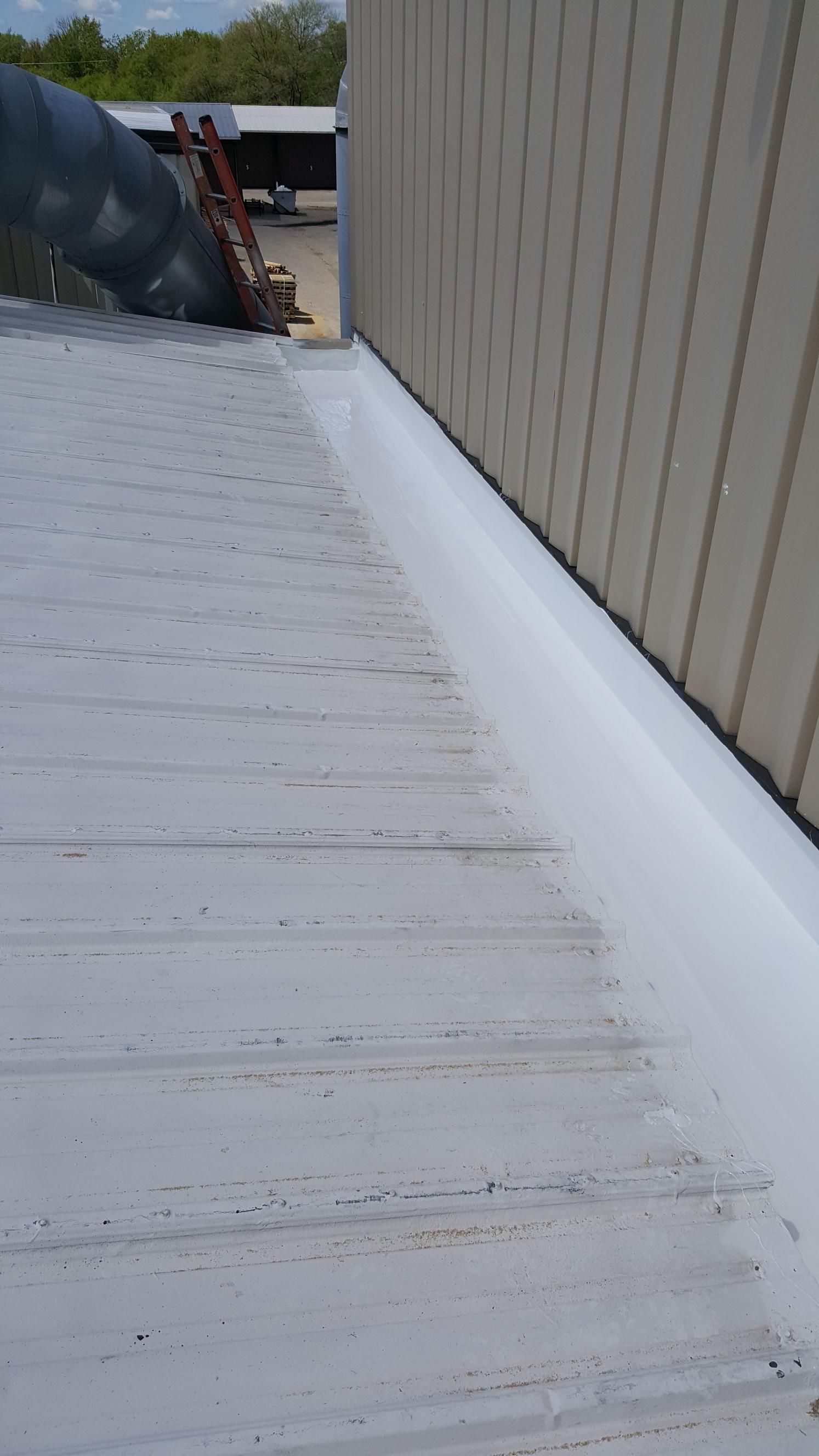 A white roof with a white gutter on the side of a building.