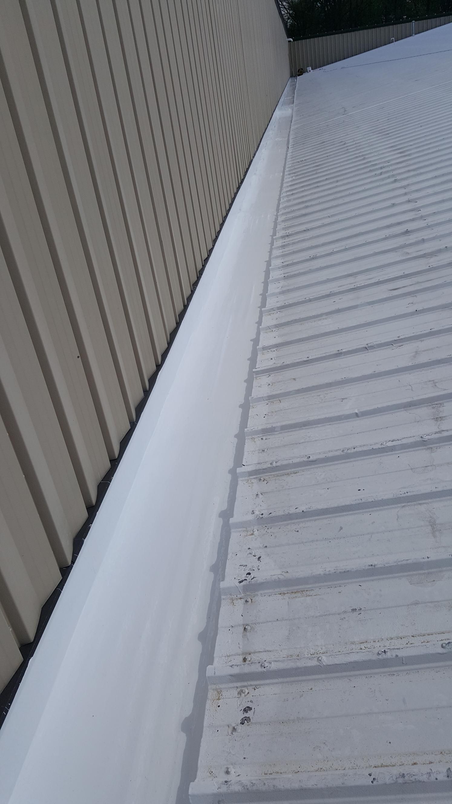 A white roof with a white gutter on the side of a building.