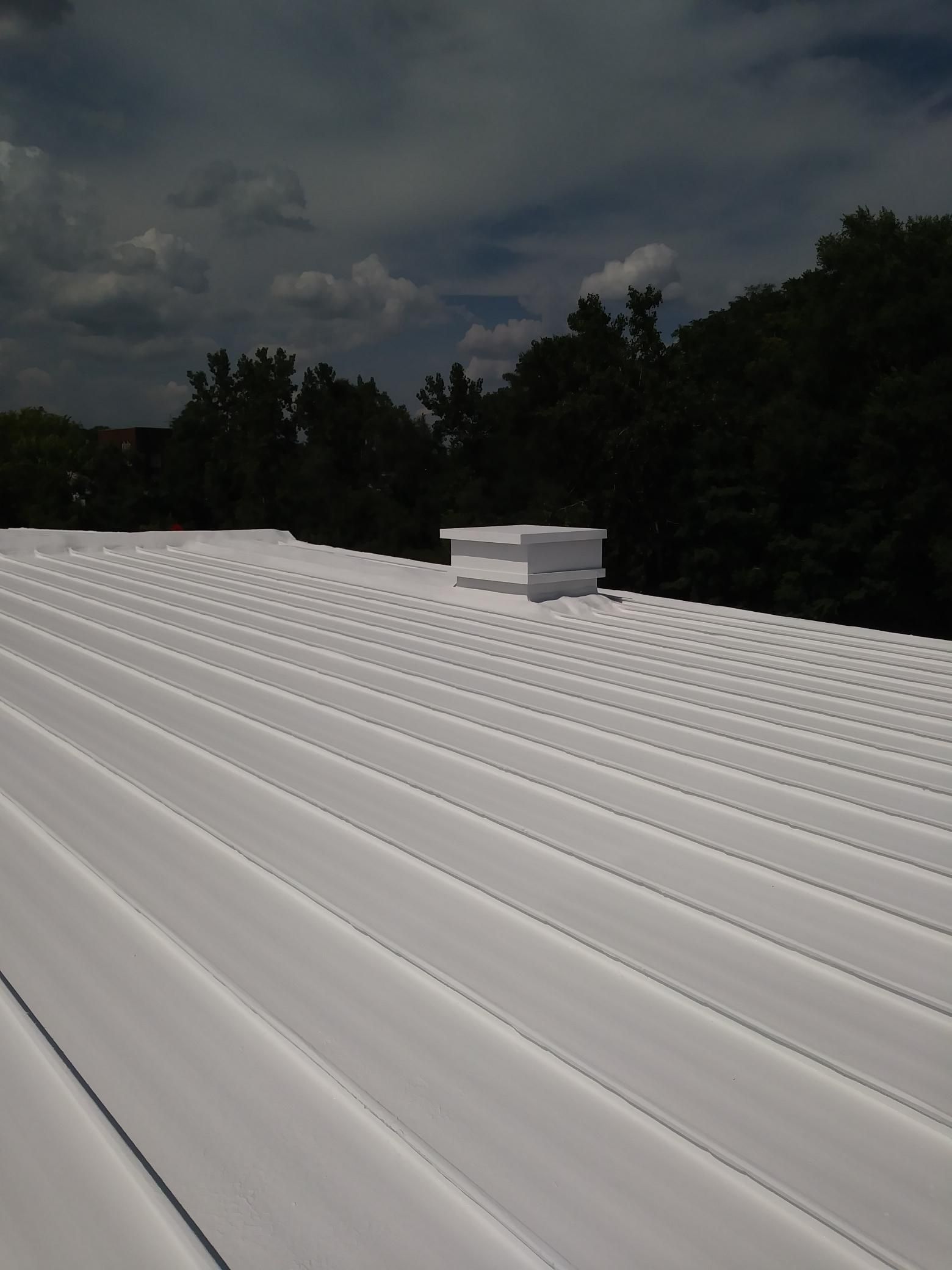 A white roof with trees in the background on a cloudy day