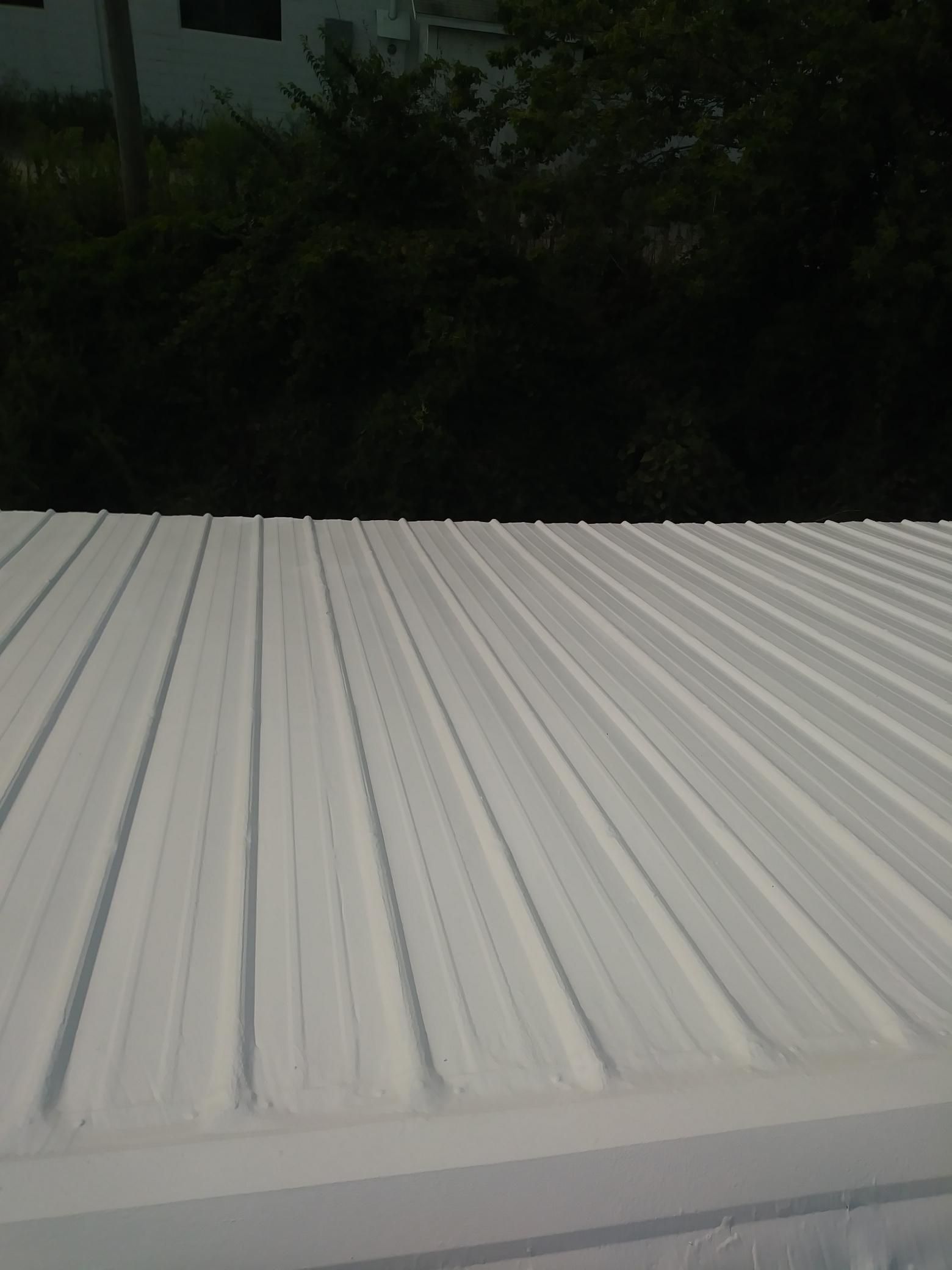 A close up of a white metal roof with trees in the background.