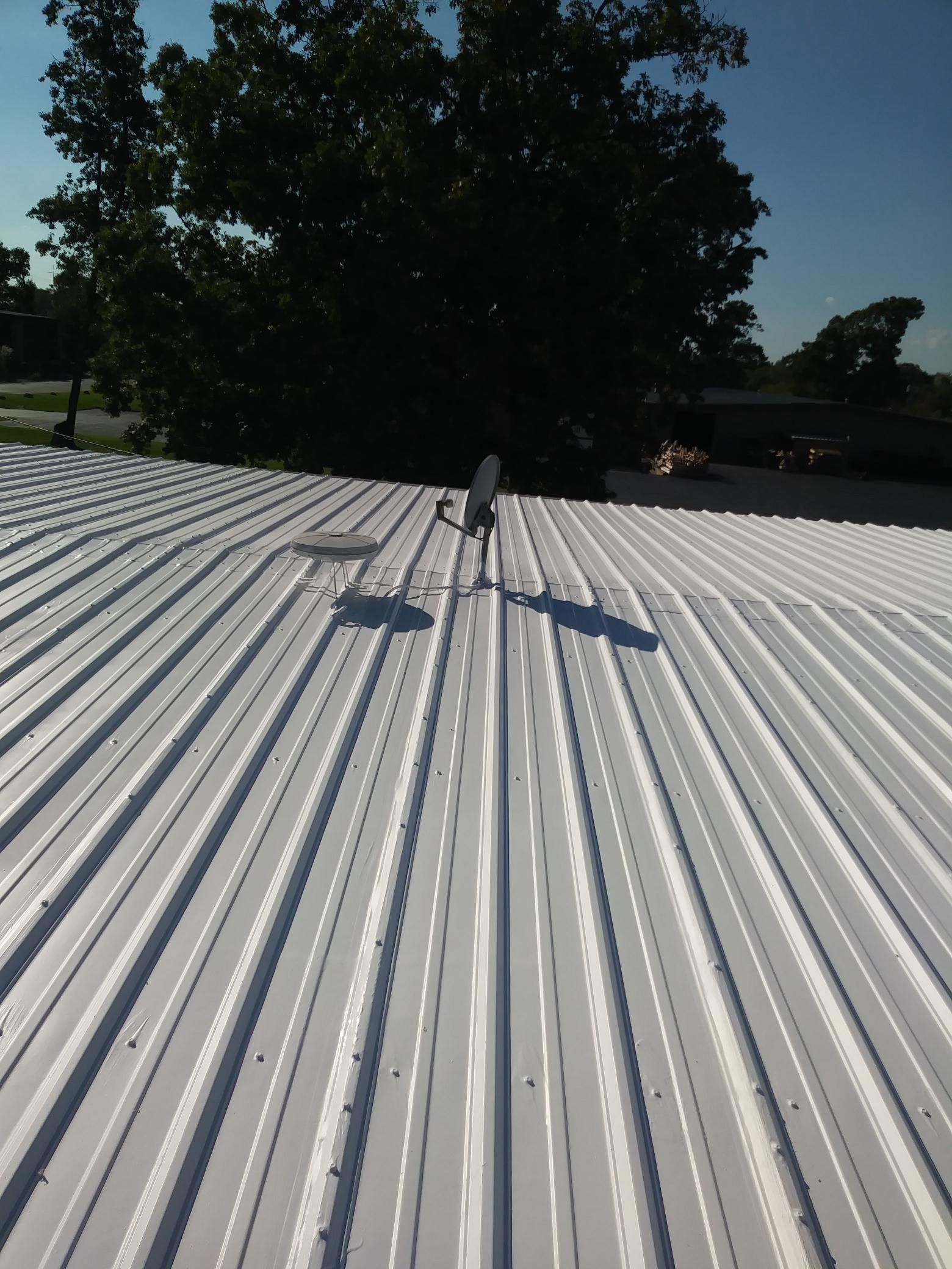 A white roof with a tree in the background