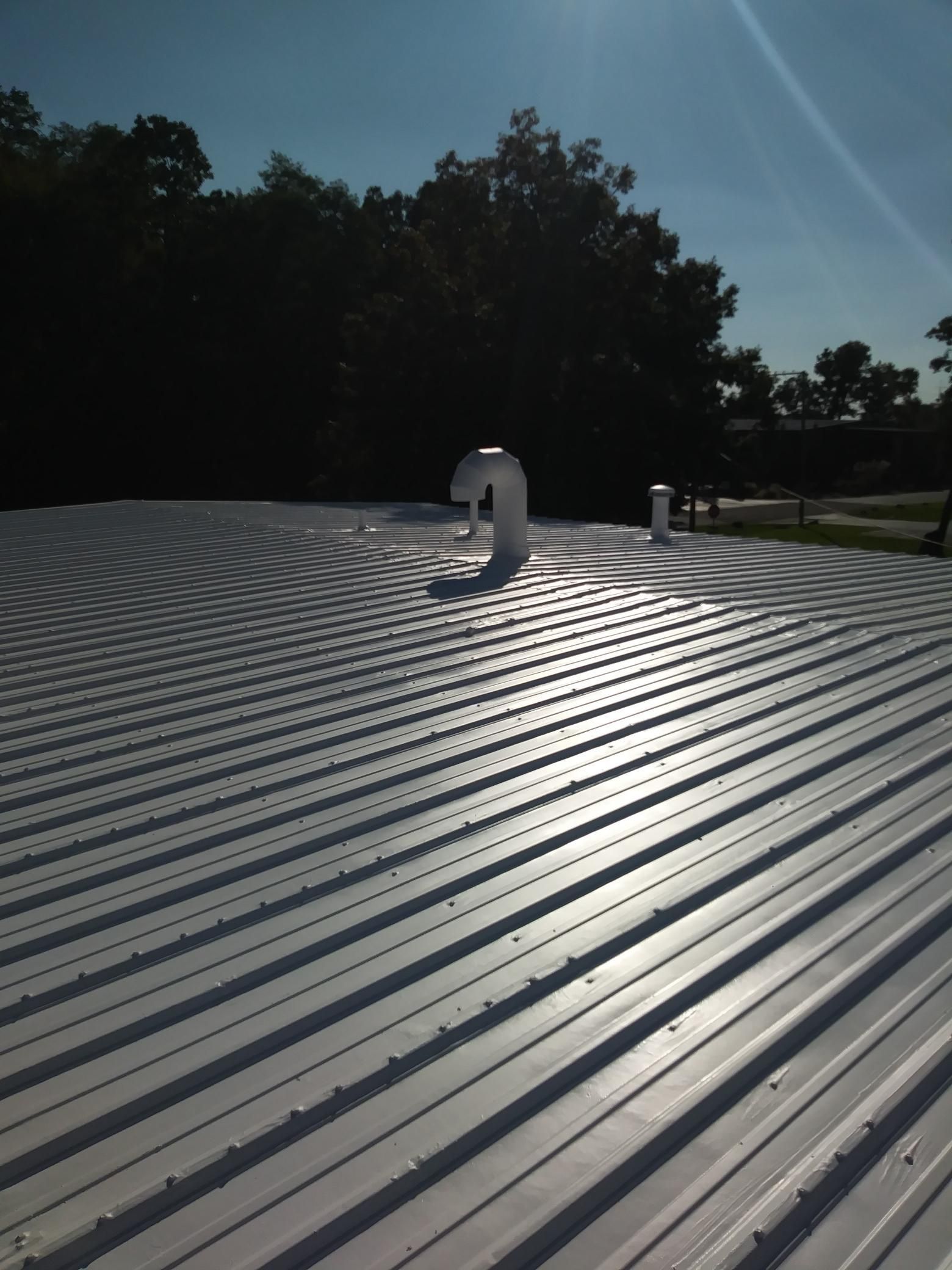 A white metal roof with trees in the background