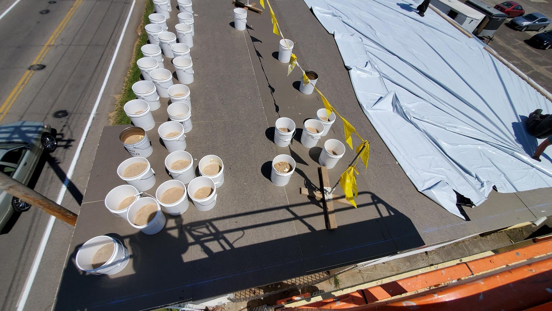 A bunch of cups are lined up on the side of the road