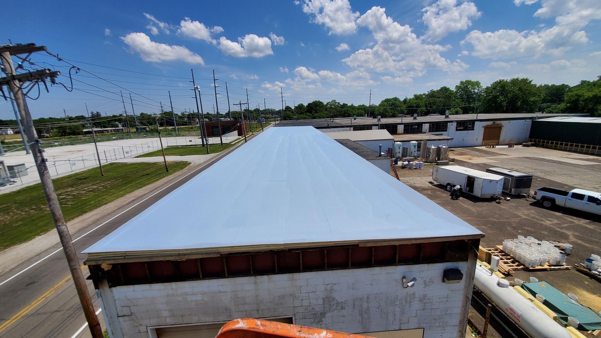An aerial view of a roof of a building under construction.