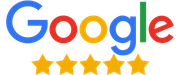 The Google logo in its signature colors above five yellow stars representing a five-star rating.