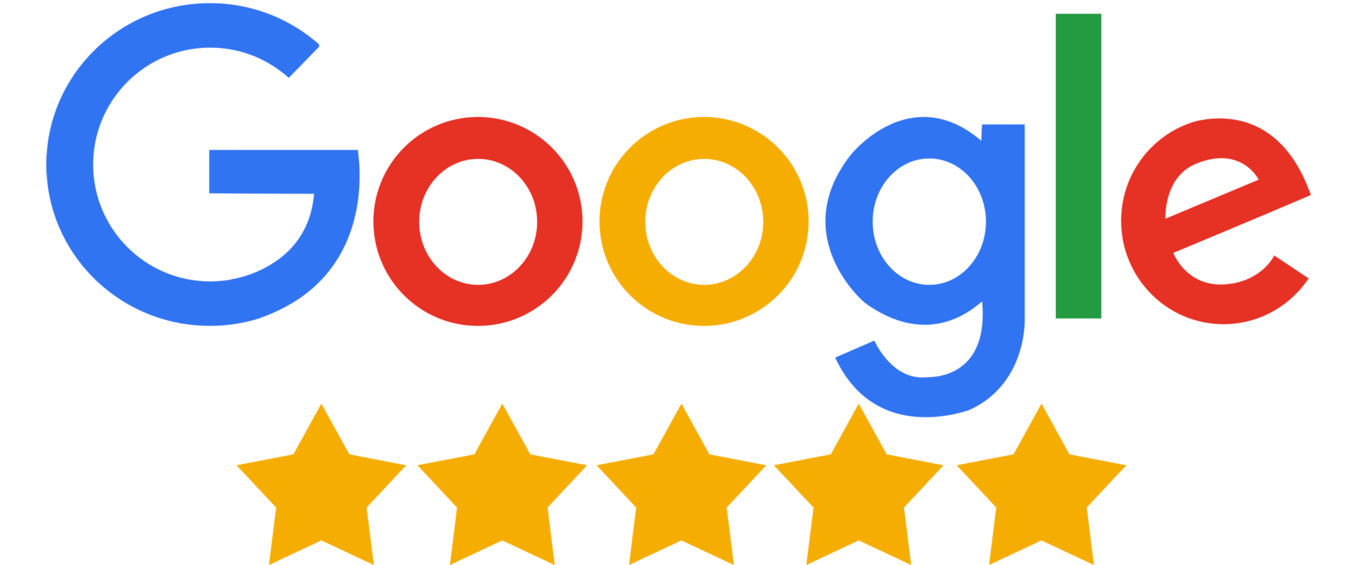The Google logo in its signature colors above five yellow stars representing a five-star rating.