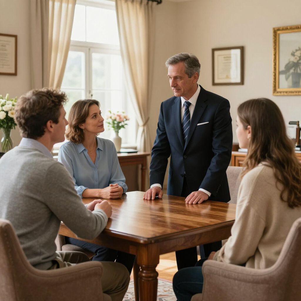 A professional in a suit stands at a table speaking to three people in a sunlit office, suggesting a consultation.