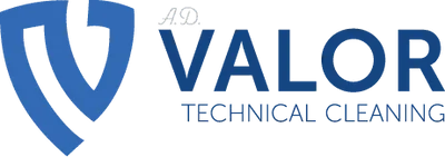 Logo for A.D. Valor Technical Cleaning featuring a blue shield icon and the company name in blue text.