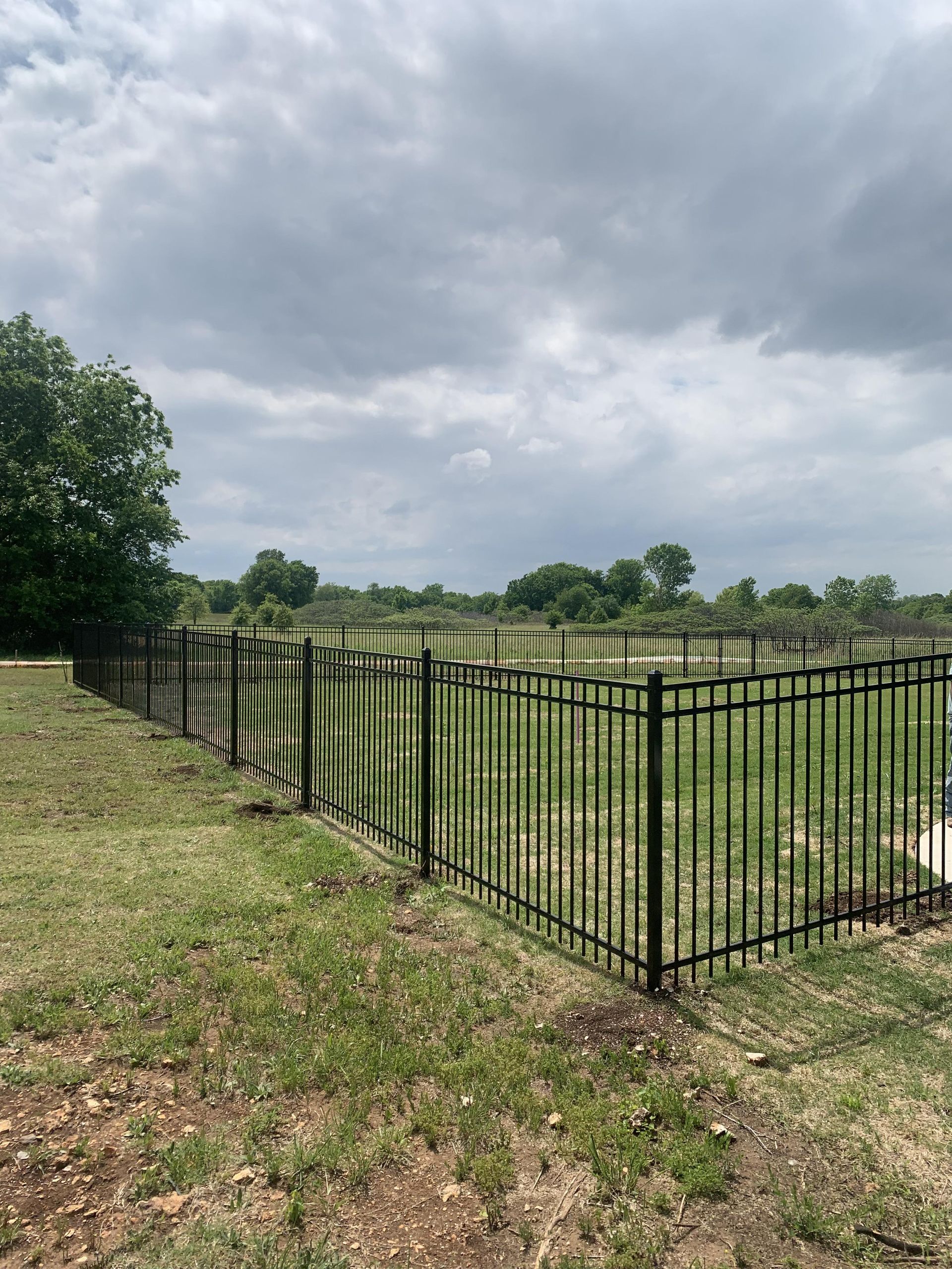 A black fence surrounds a grassy field on a cloudy day.