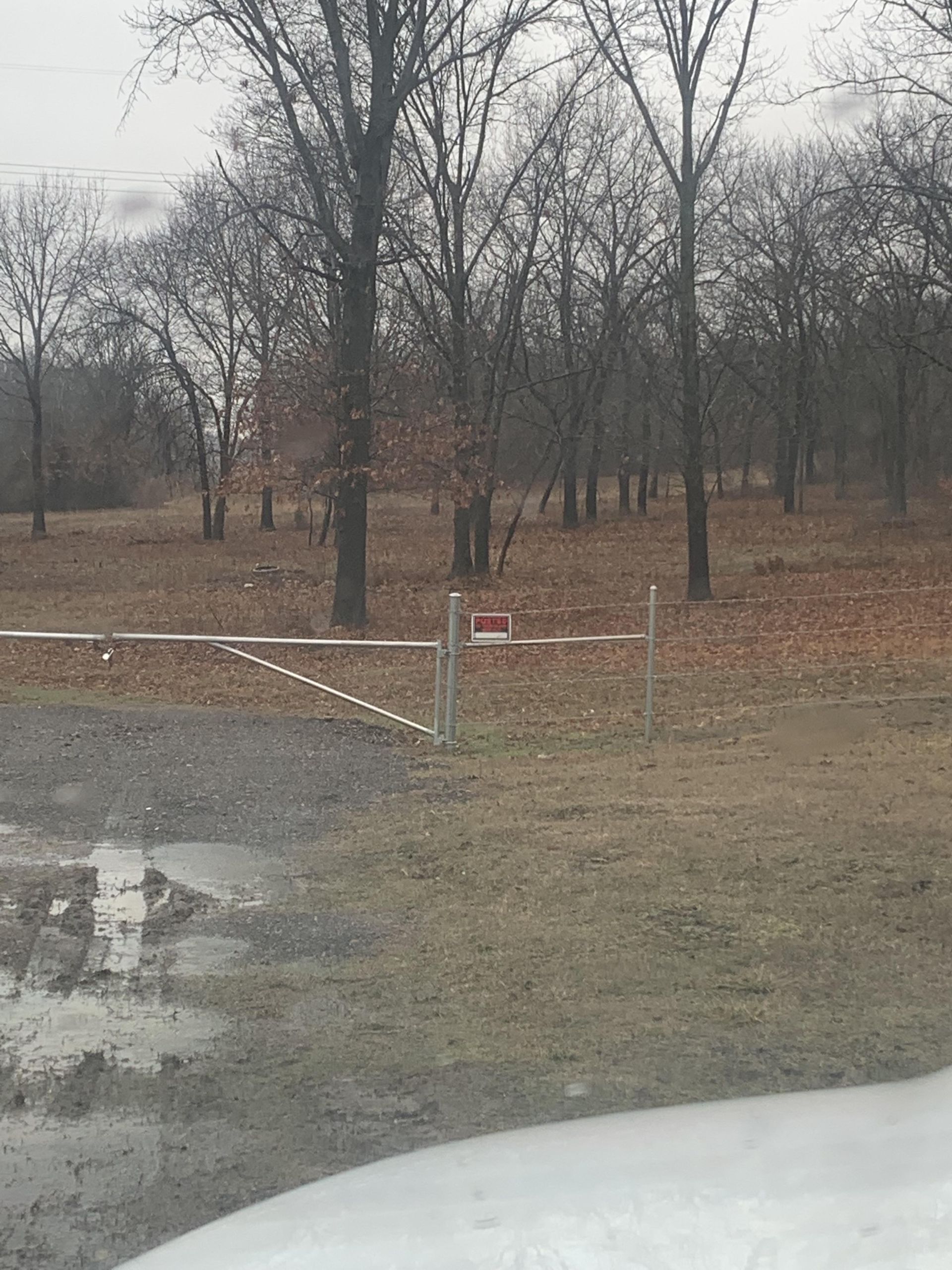 A fence surrounds a field with trees in the background
