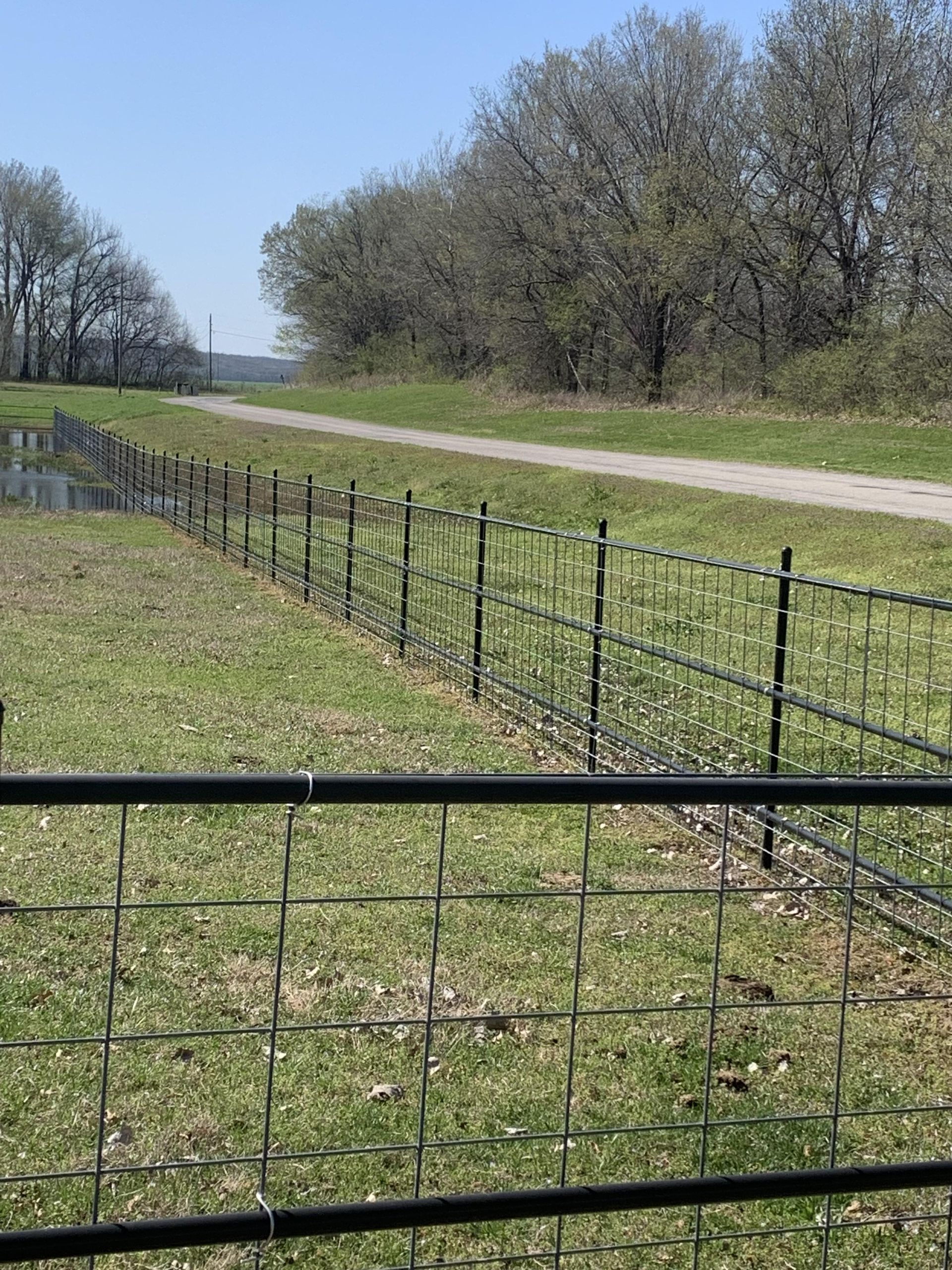 A fence surrounds a grassy field next to a dirt road.