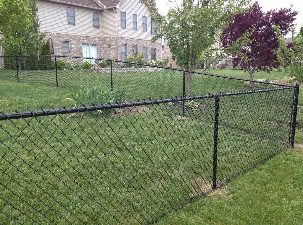 A chain link fence surrounds a lush green yard in front of a house