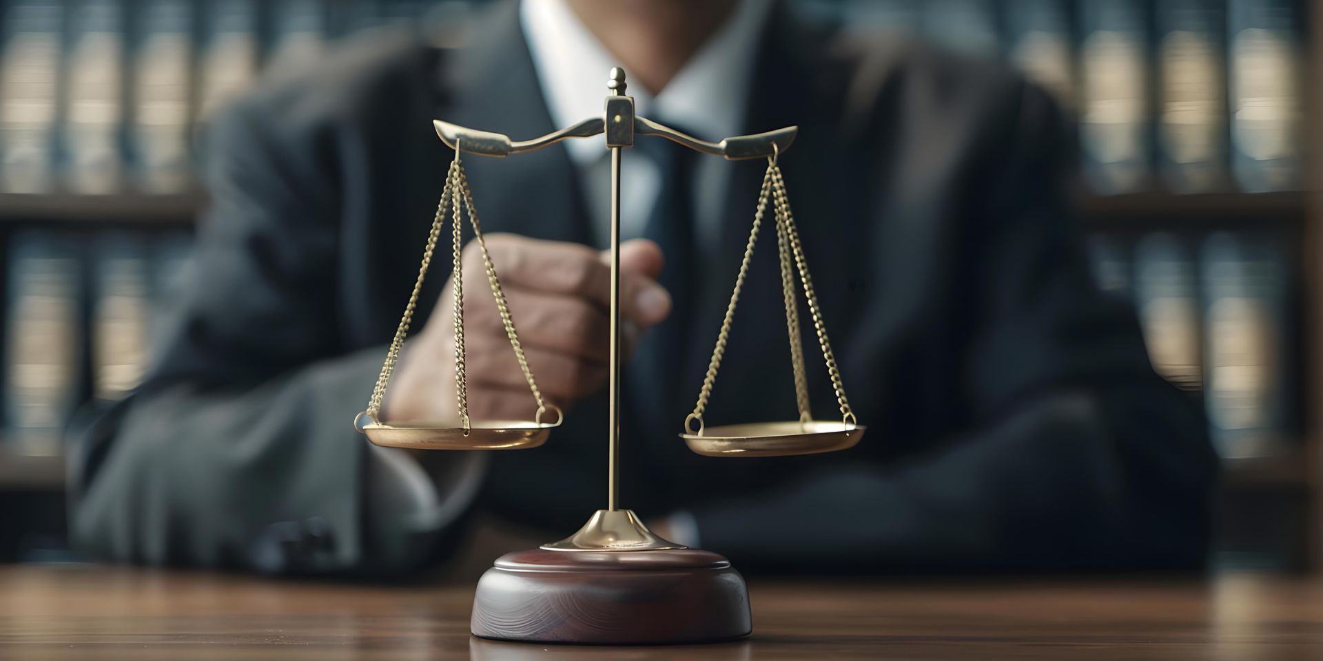 A professional criminal lawyer behind a classic gold scale of justice in a legal library. A professional criminal lawyer behind a classic gold scale of justice in a legal library.