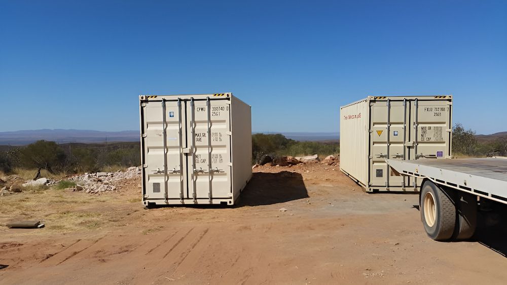 Two Shipping Containers Are Parked Next To Each Other On A Dirt Road — AHT Towing in Ciccone, NT