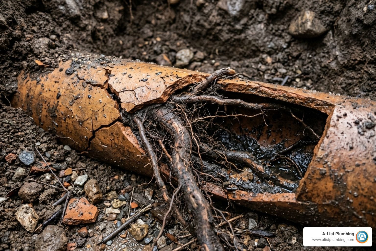 tree roots infiltrating a sewer pipe with surrounding soil and debris - unblock outdoor drain