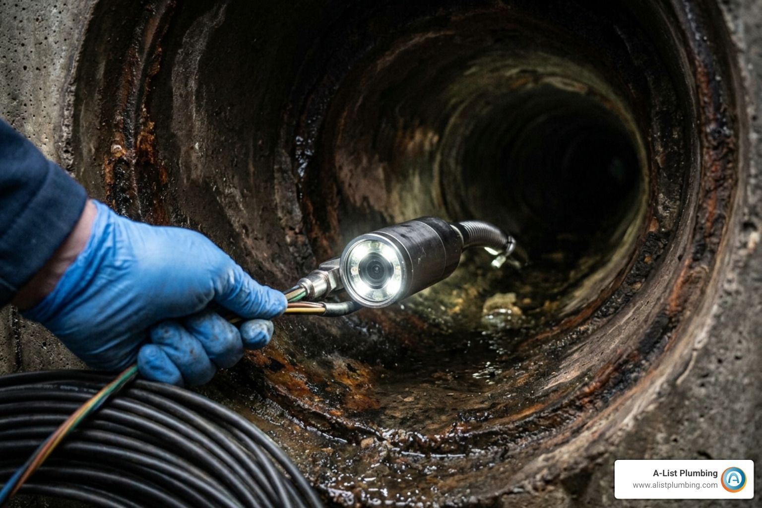 Sewer camera inspection probe entering a pipe to diagnose damage - trenchless sewer repair