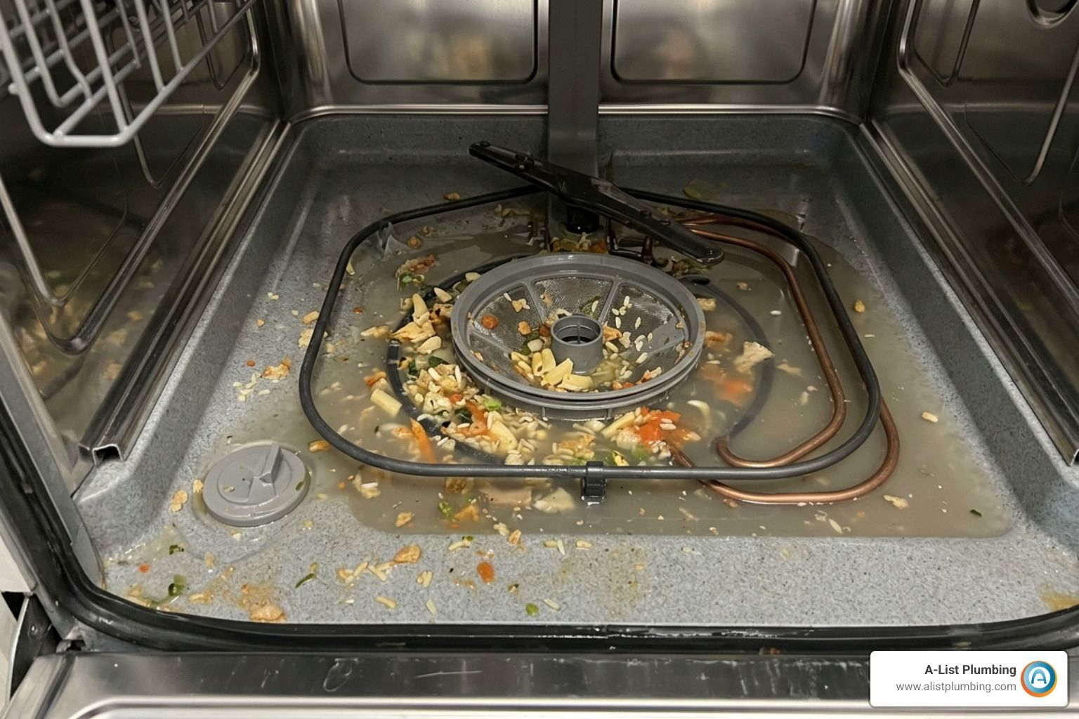 dishwasher with standing murky water at the bottom - dishwasher water not draining