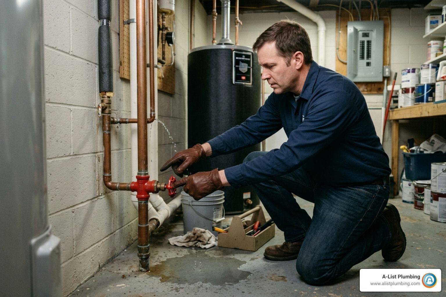 Homeowner locating the main water shut-off valve to stop a leak - plumber emergency services