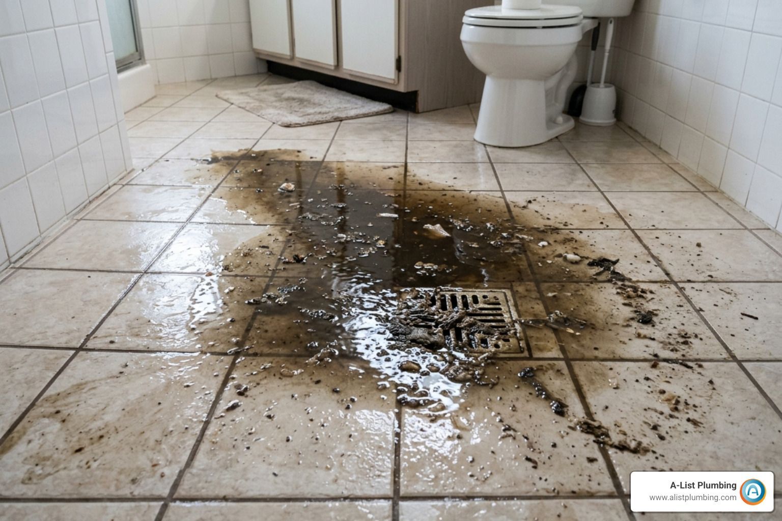 sewage backup in a floor drain with dark water and debris - cost for emergency plumber