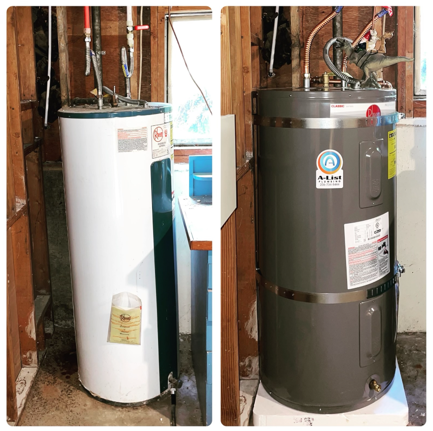 A before and after picture of a water heater in a room.