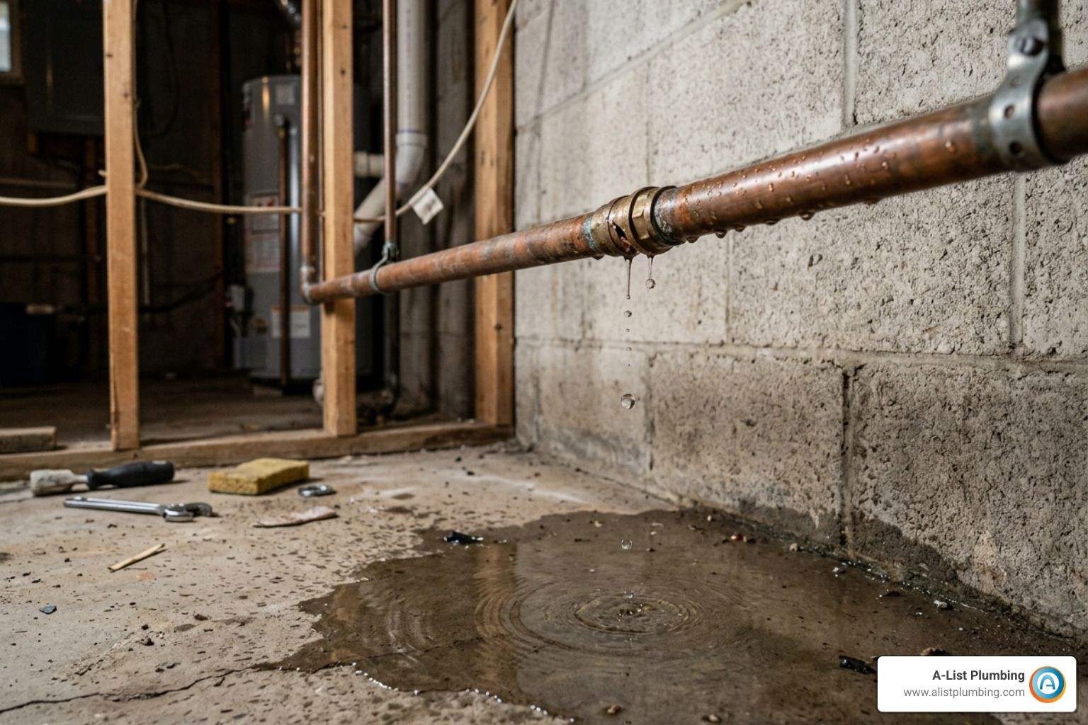 copper water pipe leaking in residential basement - copper water pipe leaking