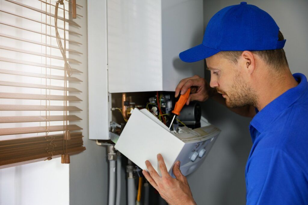 A man in a blue hat is fixing a boiler with a screwdriver.