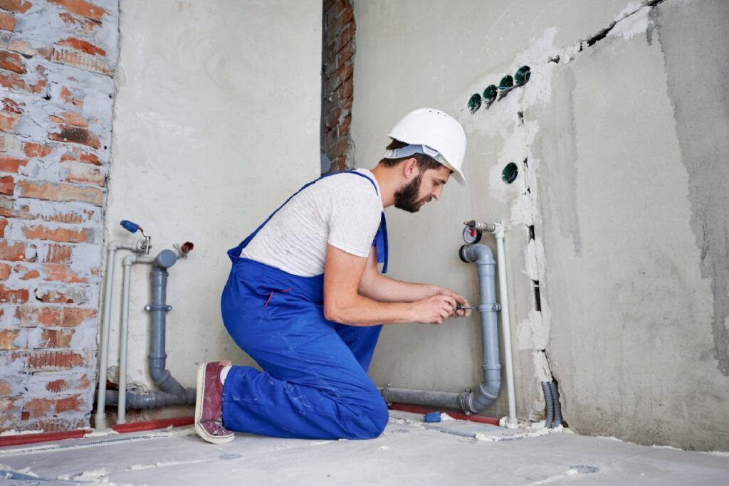 New construction plumbing being performed by a man