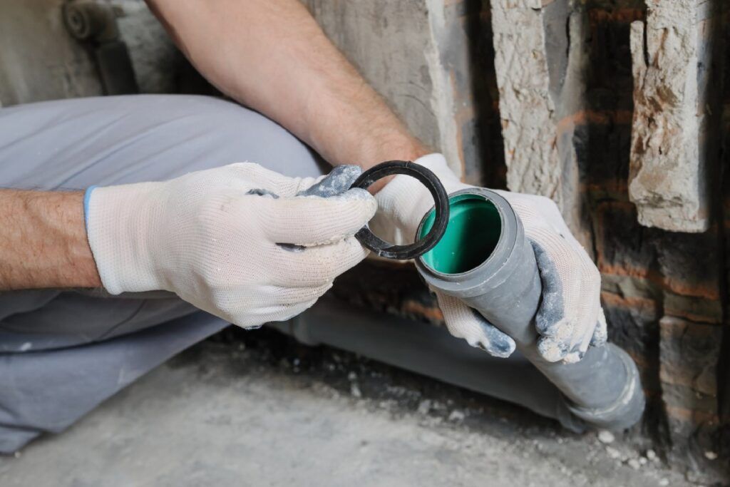 A man is fixing a pipe with a rubber ring.