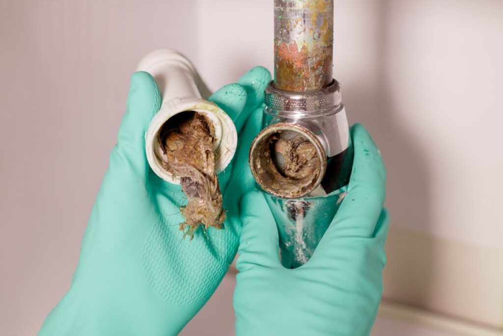 A person wearing green gloves is holding a dirty pipe.