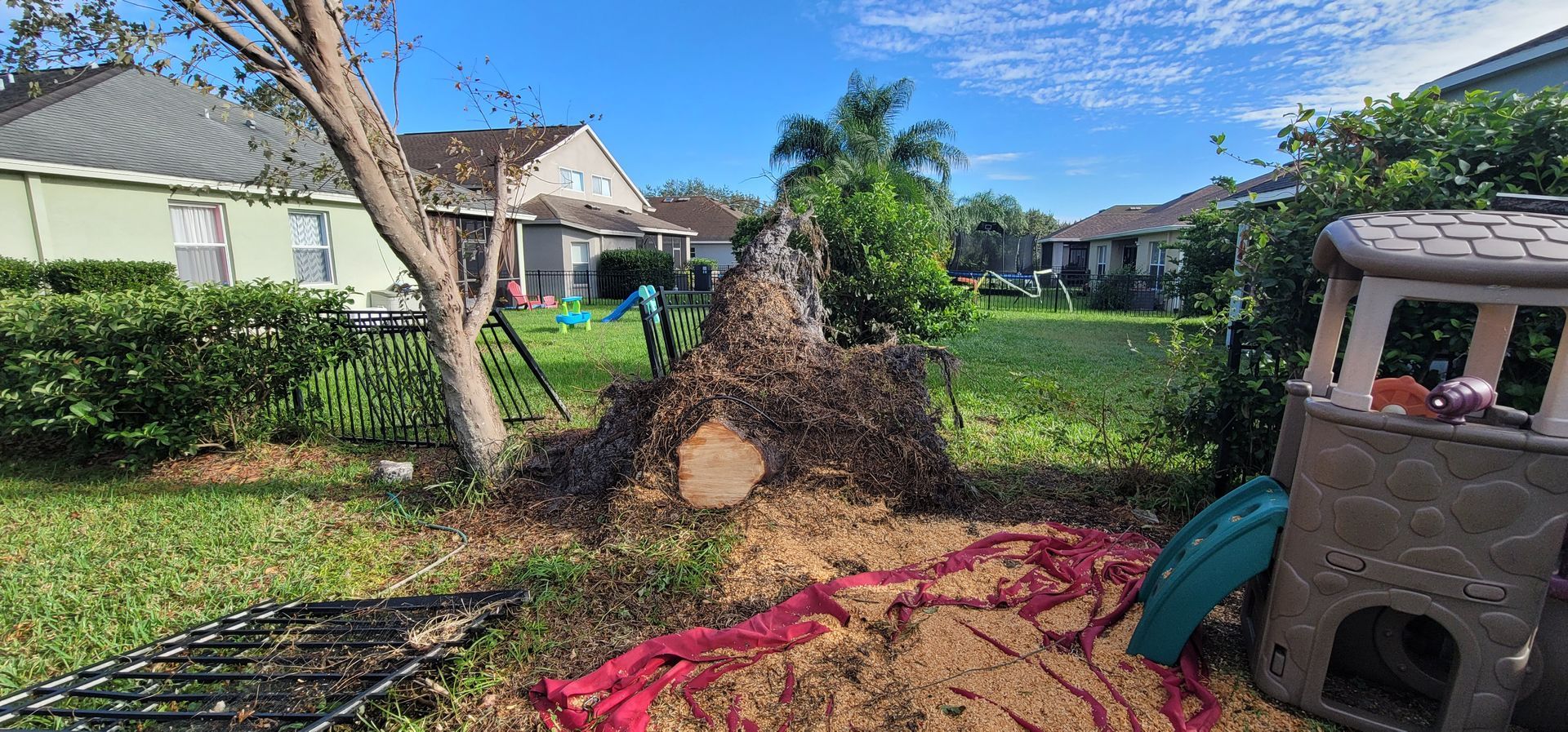 A tree stump in the backyard of a house.