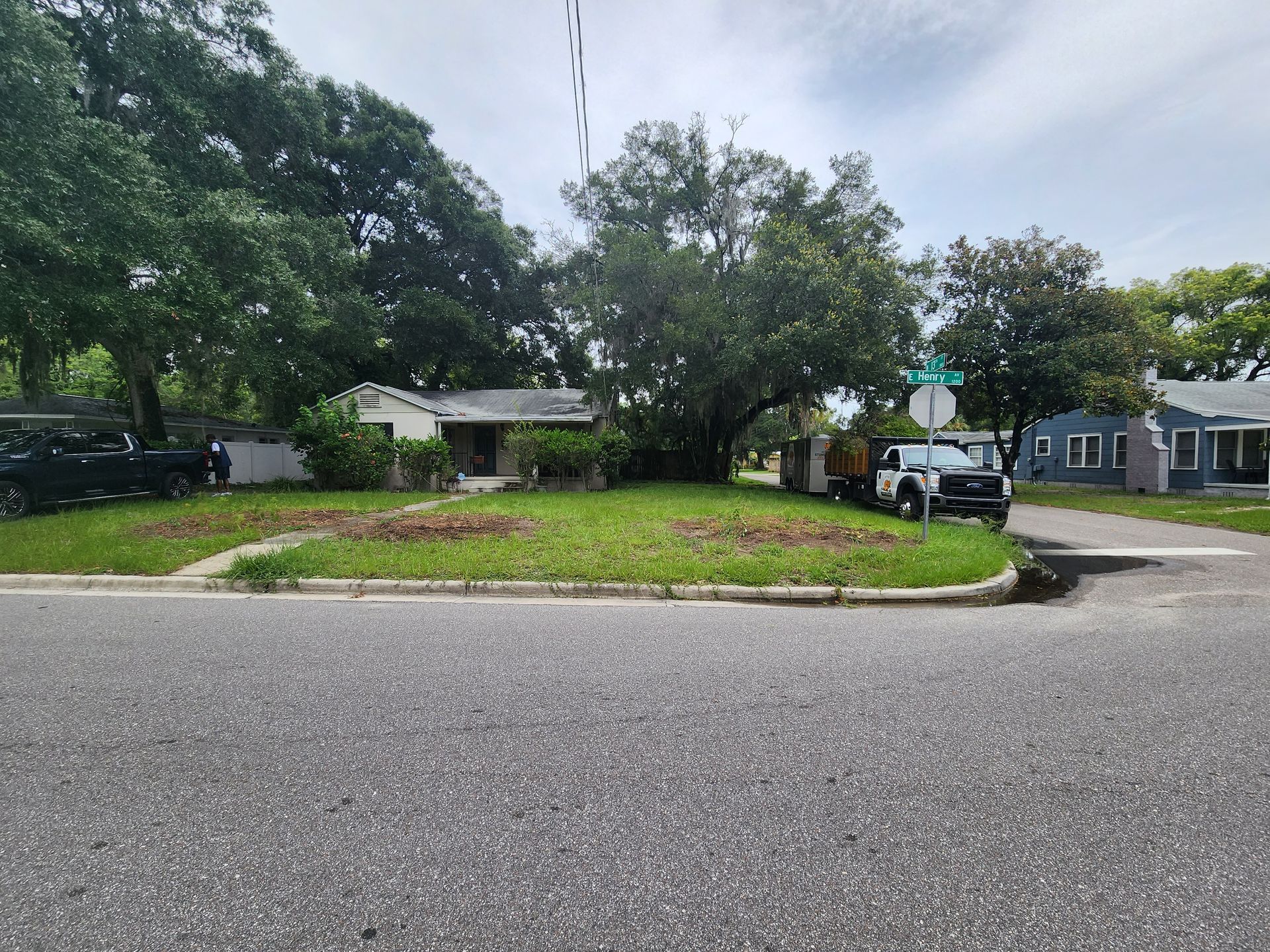 A truck is parked on the side of the road in front of a house.