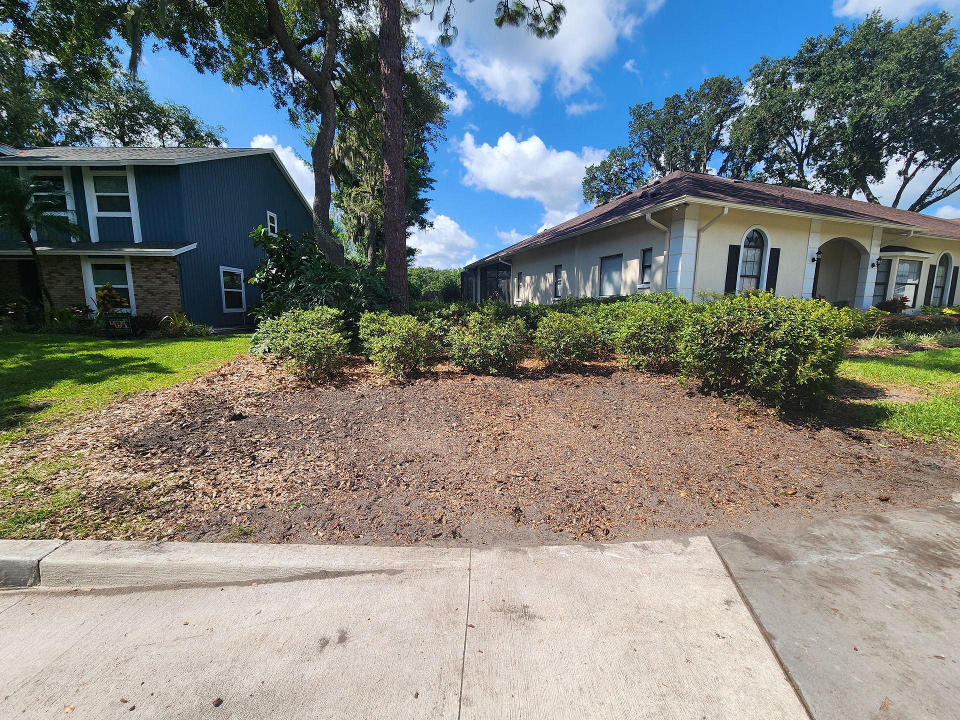 A house with a lot of mulch in front of it