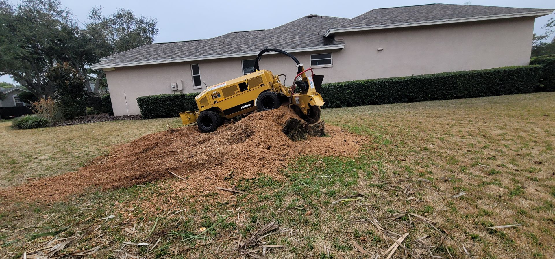 A stump grinder is sitting on top of a pile of stump.