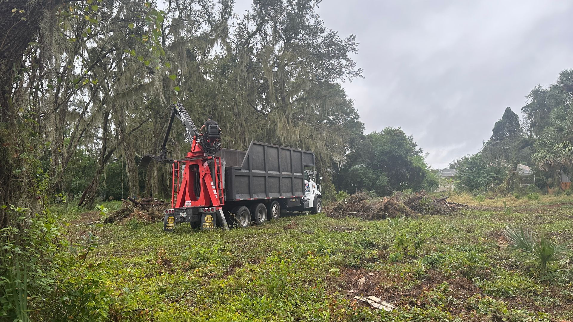 A dump truck is parked in a field with trees in the background.