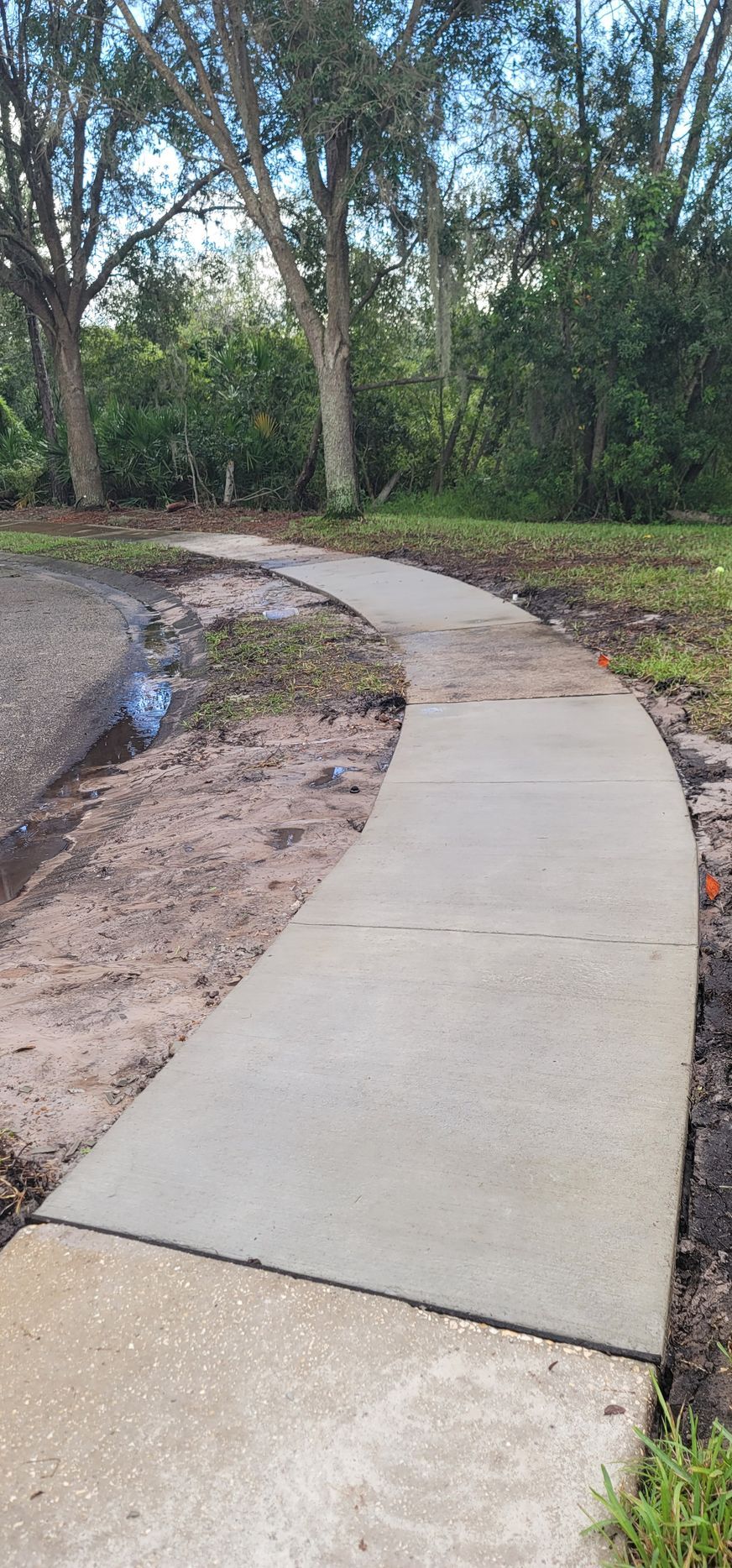 A concrete sidewalk is being built next to a road.