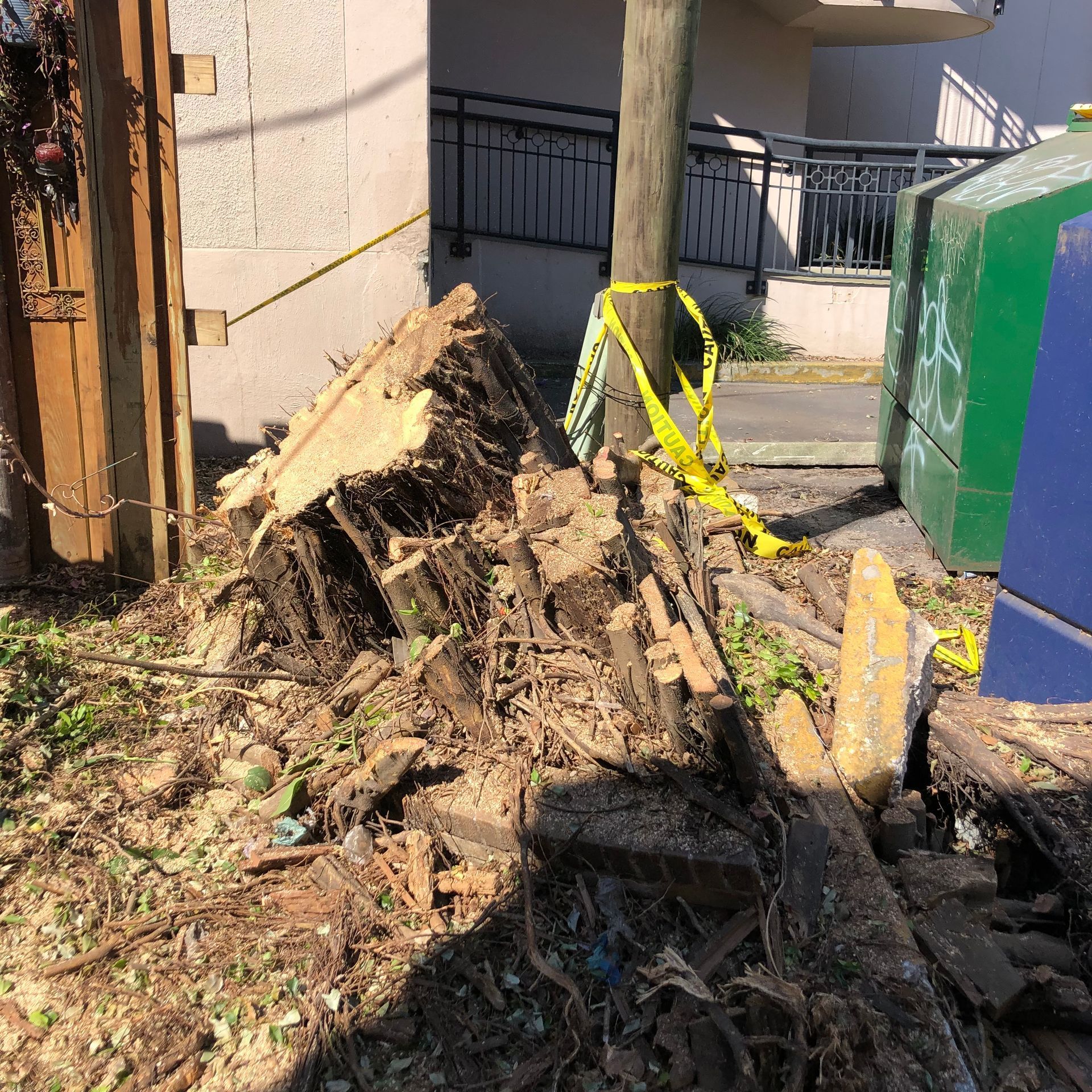 A pile of tree stump with yellow tape around it beside a dumpster.