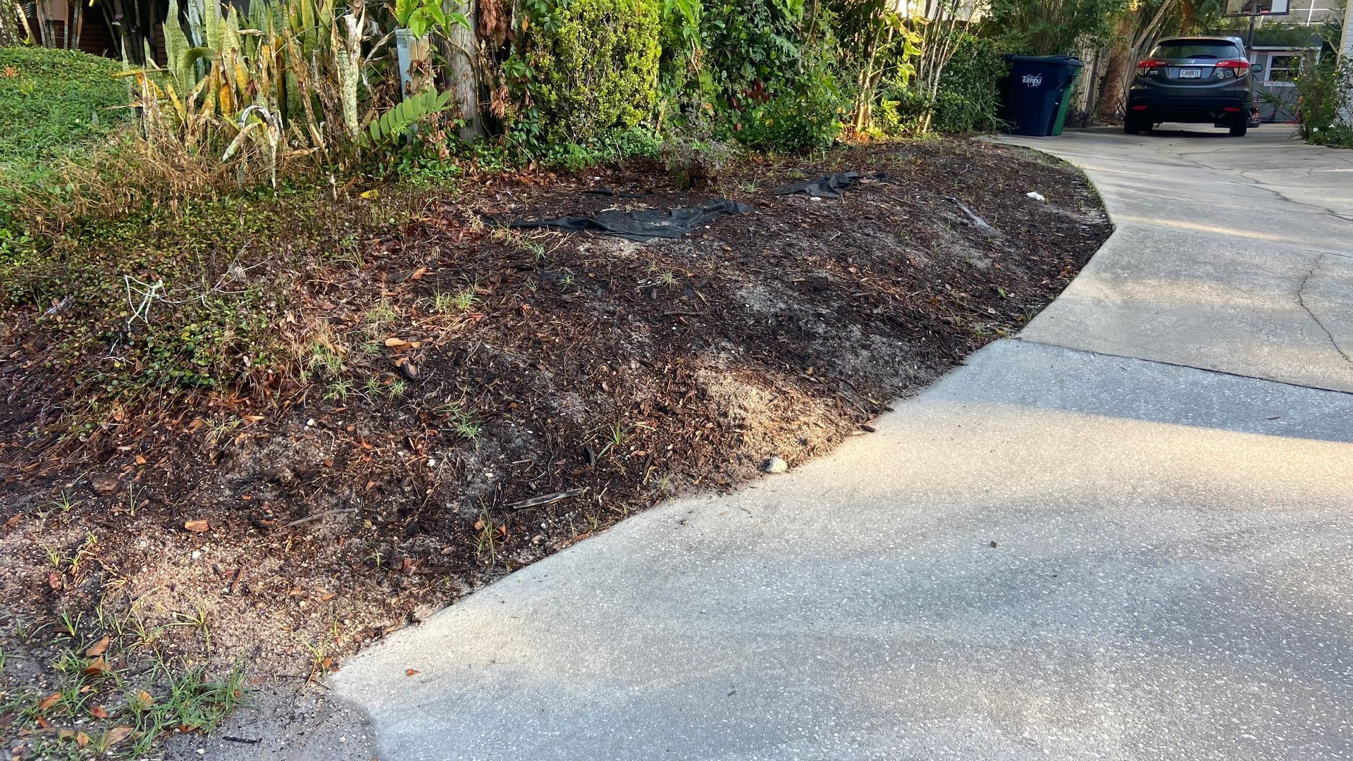 A car is parked on the side of a concrete driveway.