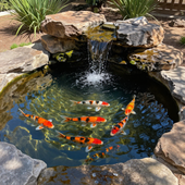 Koi fish swimming in a small pond with a rock waterfall and surrounding plants
