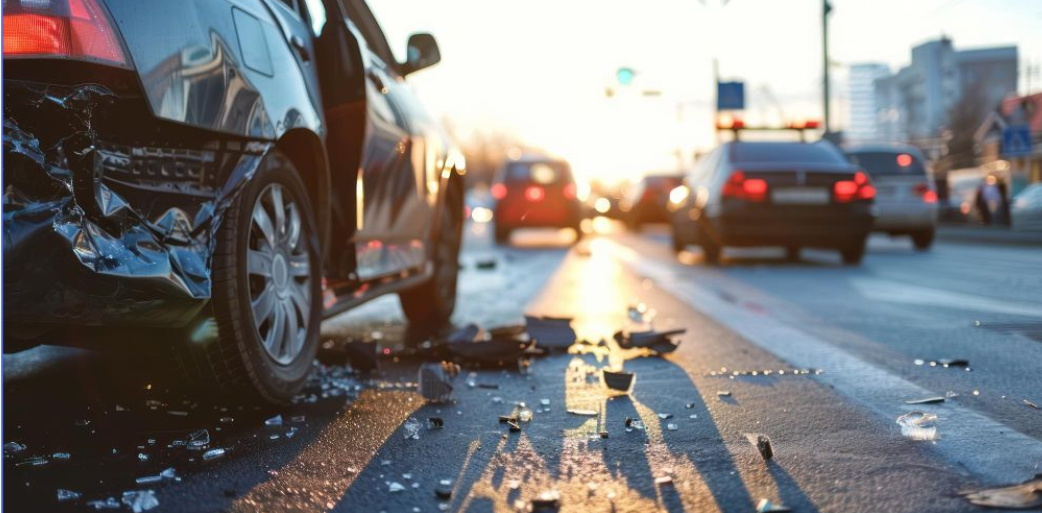 Car accident on a city road, with damaged vehicles and debris on the pavement.