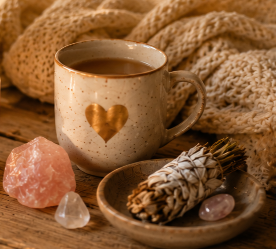 Een glas chocolademelk, cacaobonen, kristallen en een bosje salie op een houten ondergrond.