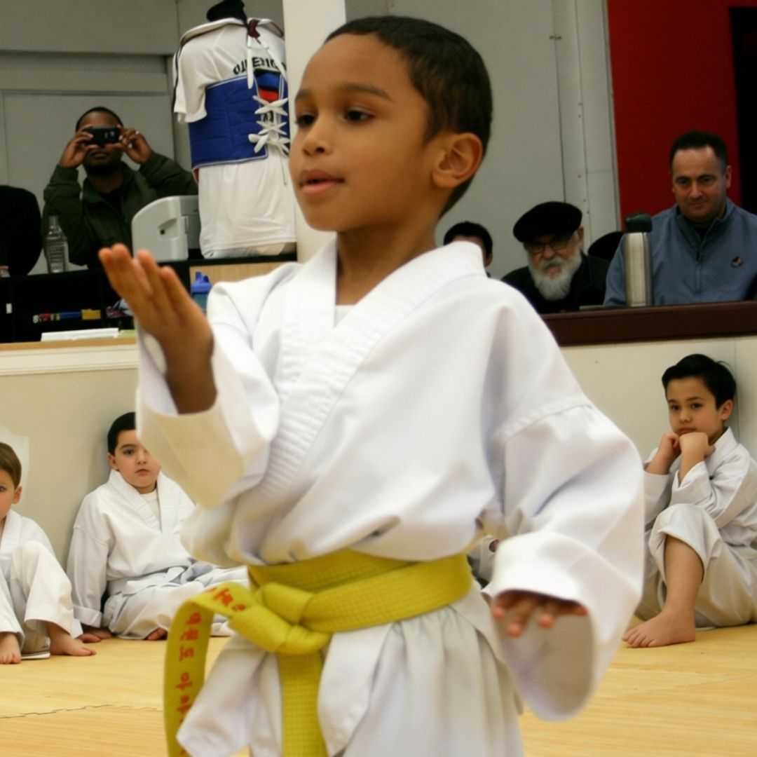 Children in colorful gis play a game on a mat. Two instructors pull a student in blue.