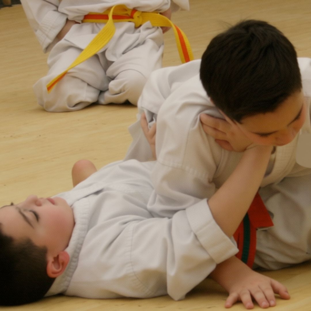 Two children grappling on a mat, one in a headlock.