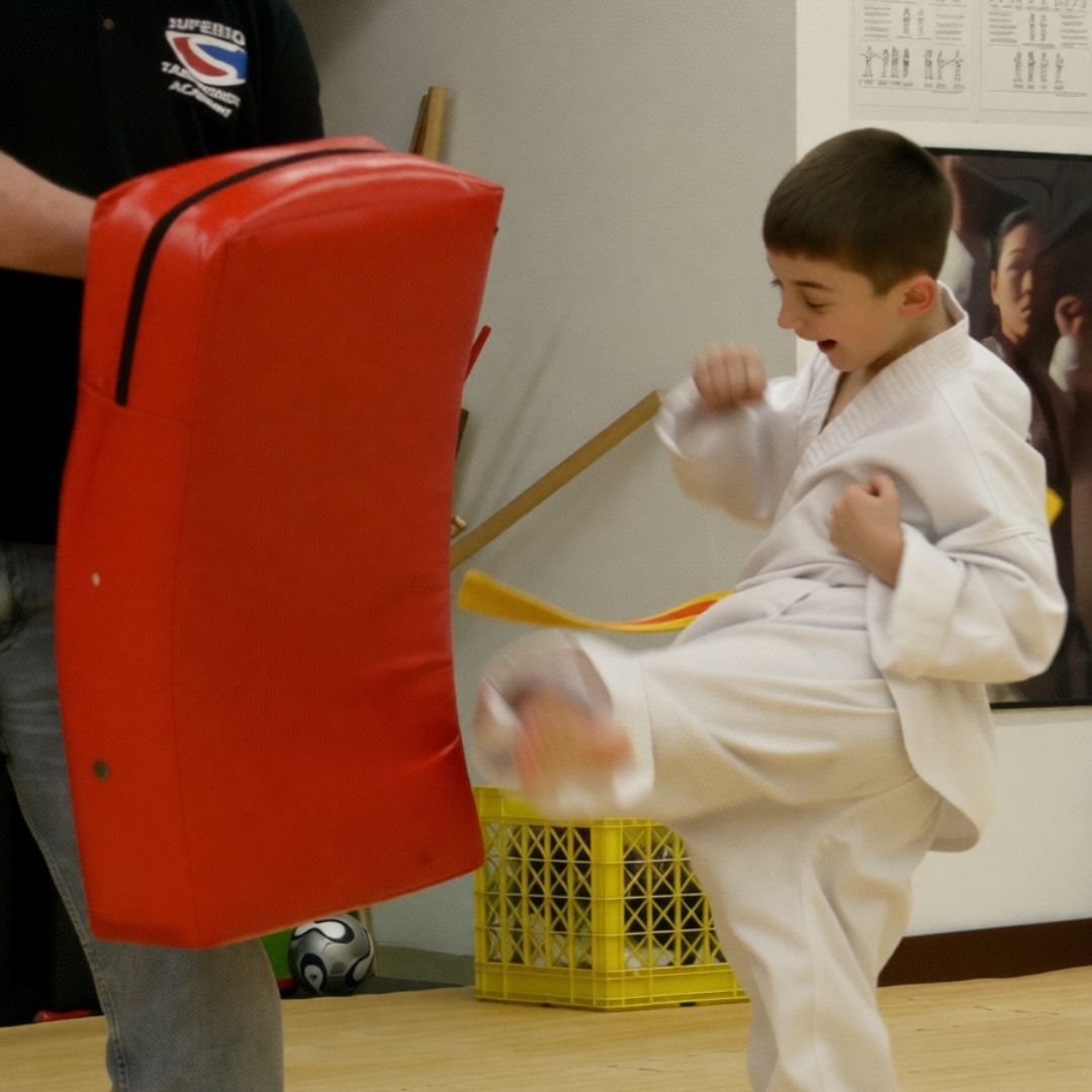 Two children in black and white martial arts uniforms practice a chokehold on a mat. One child smiles.
